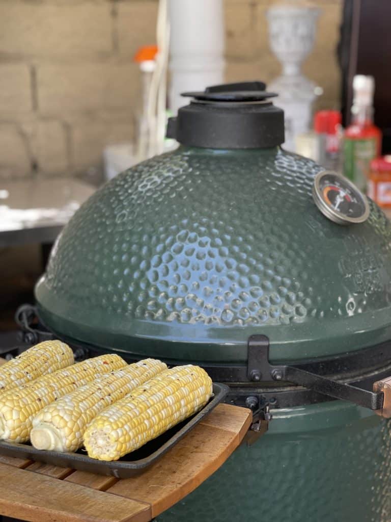big green egg ready to cook corn on the Cobb