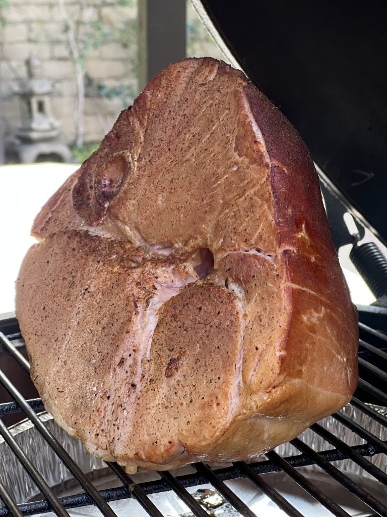 Delicious Slow Cooked spiral sliced smoked Ham on the Big Green Egg